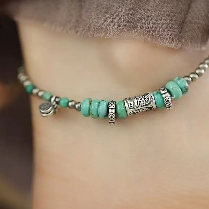Retro Carved Antique Silver Barrel Beads Anklet, Turquoise Lucky Foot Chain, High Aesthetic Skin Brightening Ankle Jewelry