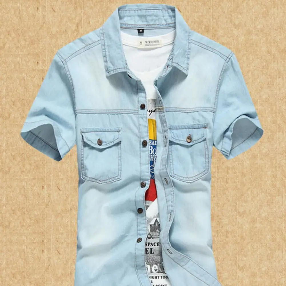 

Men's Short Sleeves Summer Style Trendy Brand Jacket Fashionable City Wear Denim Shirts Men Korean Top Vintage Baggy Blouses Man