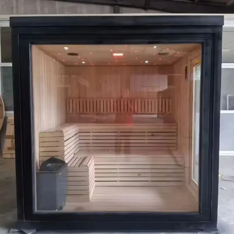 Customization 2025 Year Hot Sale Outdoor Traditional 4 Person Steam Sauna Room with Panoramic Glass Window Solid Wood Factory Su