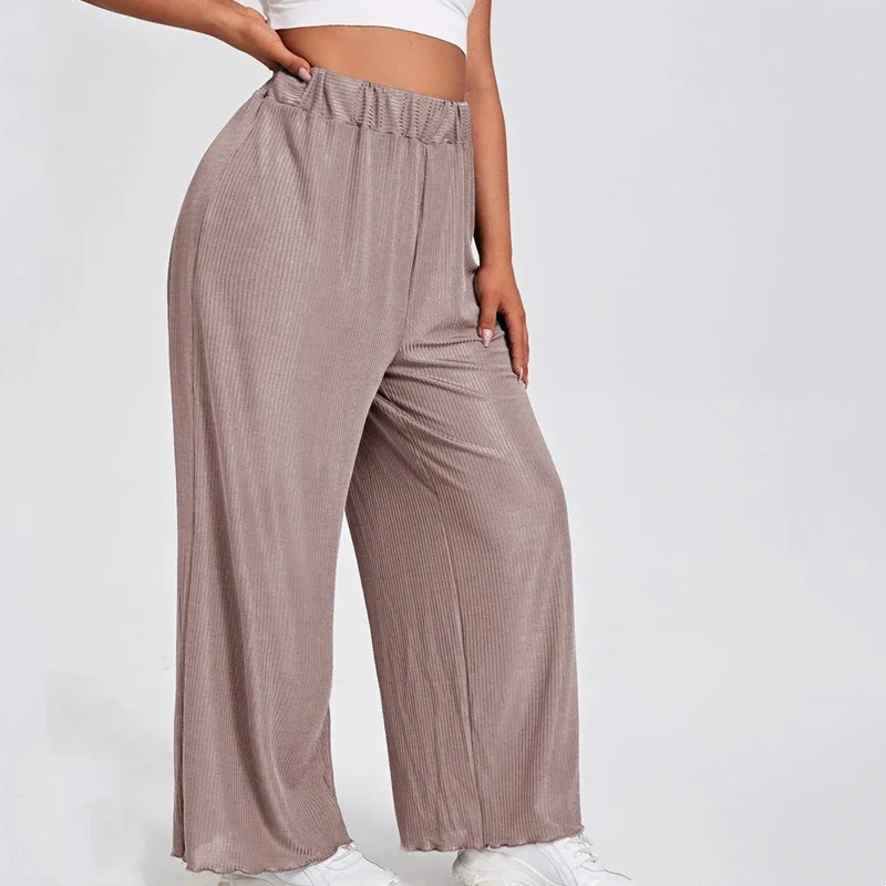 Plus Size Elastic Waist Summer Elegant Wide Leg Pants Women Sałata Trim Loose Casual Straight Pants Trousers Plus Size Bottoms