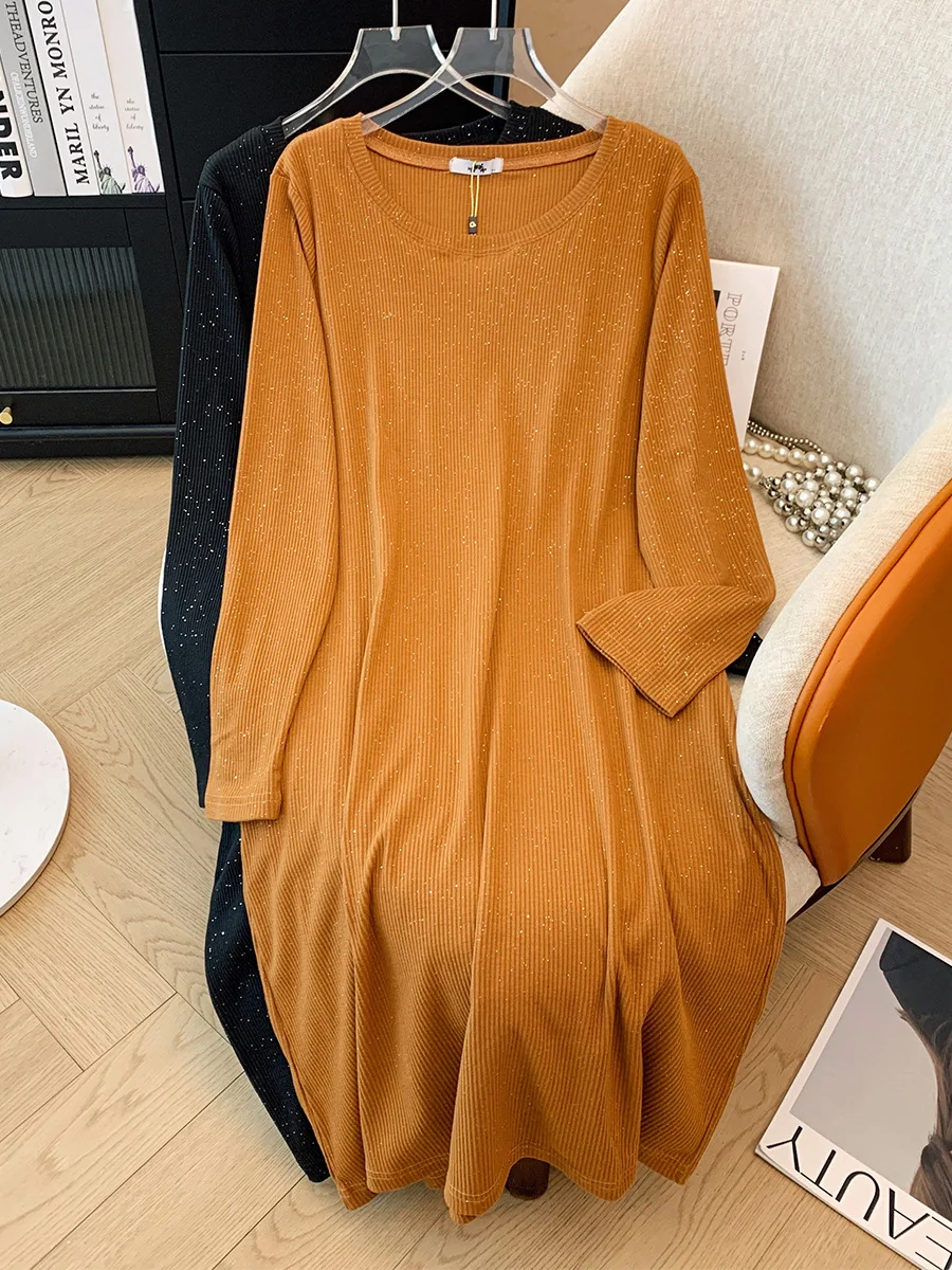 150Kg Plus Size Women\'s Bust 143 Spring Autum Loose Round Neck Mid Length Slit Dress Black Brown 4XL 5XL 6XL 7XL 8XL