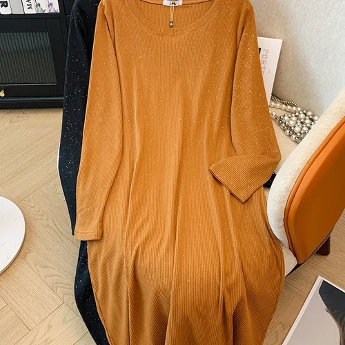 플러스 사이즈 여성용 바스트 143 용수철, 가을 루즈 라운드 넥, 중간 길이 슬릿 원피스, 블랙 다크 브라운, 4XL, 5XL, 6XL, 7XL, 8XL, 150Kg 