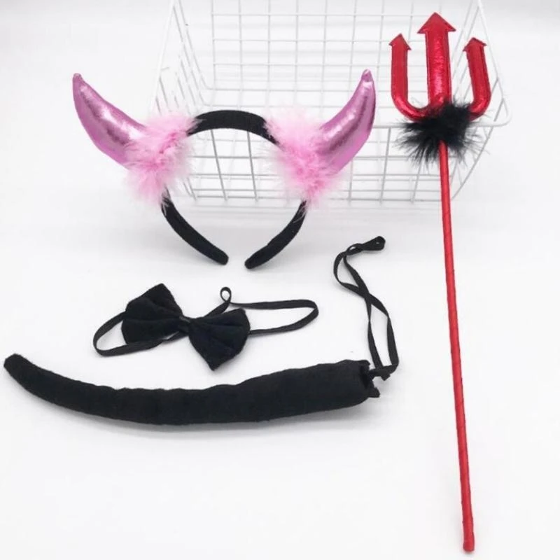Y5GC 4PCS Trang phục quỷ Phụ kiện Bowtie Devils Horn Headband Red Pitchforks đuôi