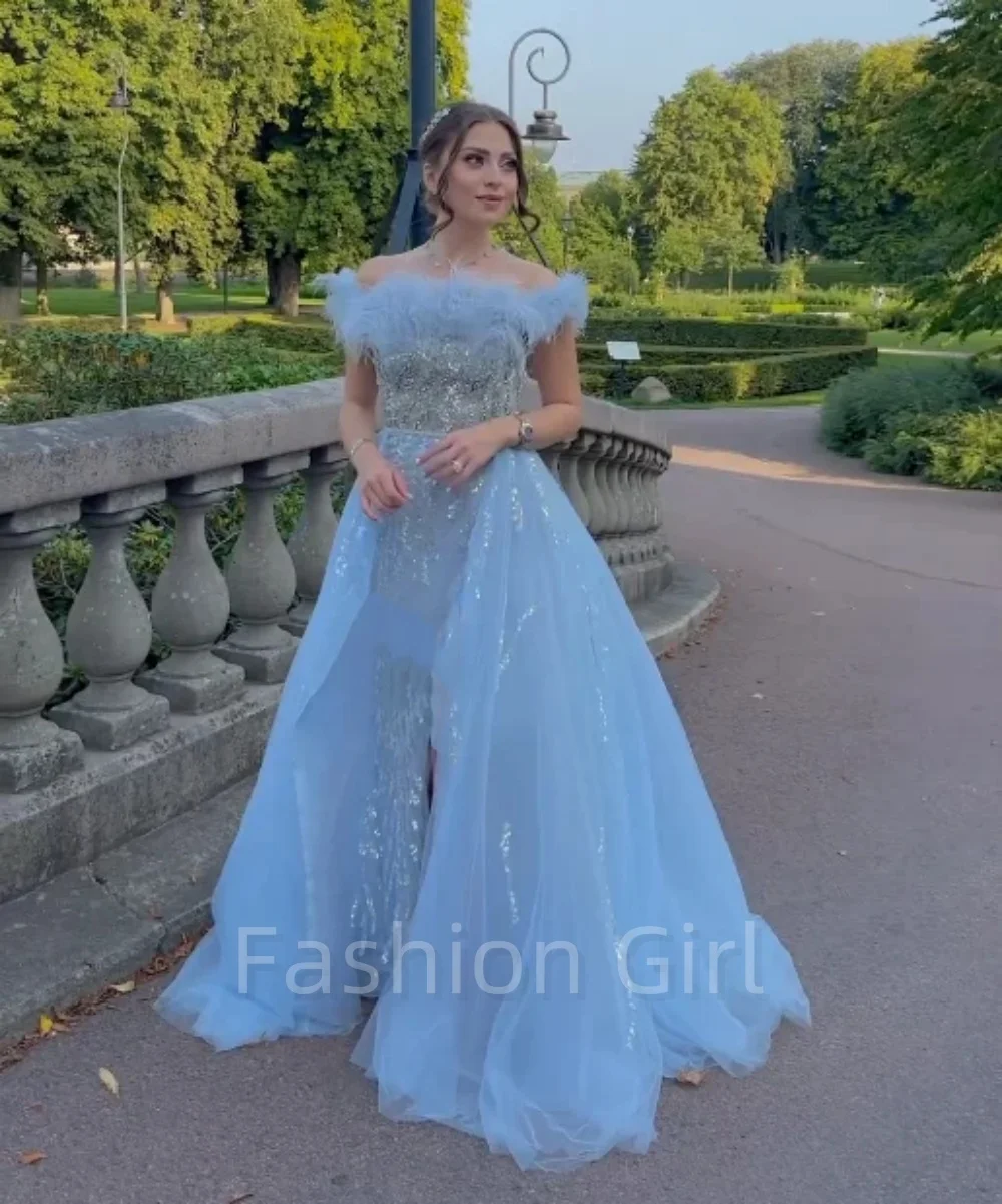 

Blue A-Line Evening Dress Feather Split Floor Length Off The Shoulder Prom Dress Formal Occasion Gown For Women Wedding Fashion