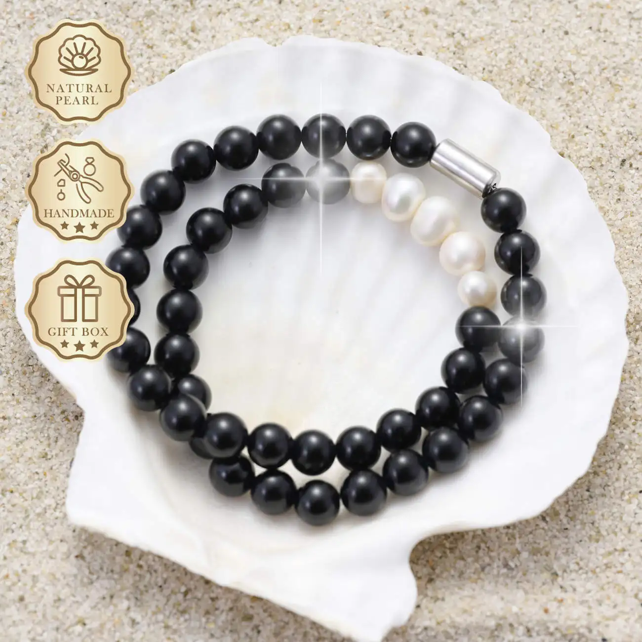 

MYSOYA Black Onyx & White Freshwater Pearl Necklace 8–9mm, Gift Box, Birthday & Anniversary Gift