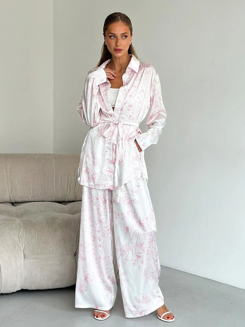 Marthaqiqi Printing Female Nightgown Suit Long Sleeve Pajama Turn-Down Collar Sleepwear Pants Causal Women Nightwear 2 Piece Set