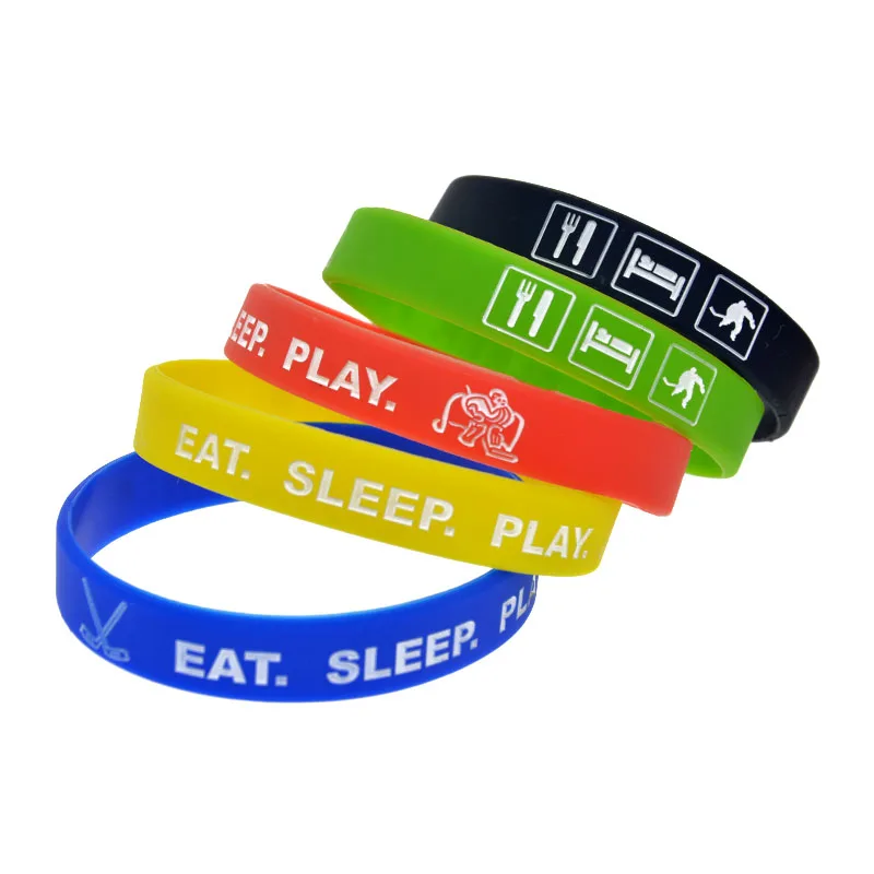 100 Pcs Eat Sleep and Play Silicone Wristband Candy Color Fashion Bracelet