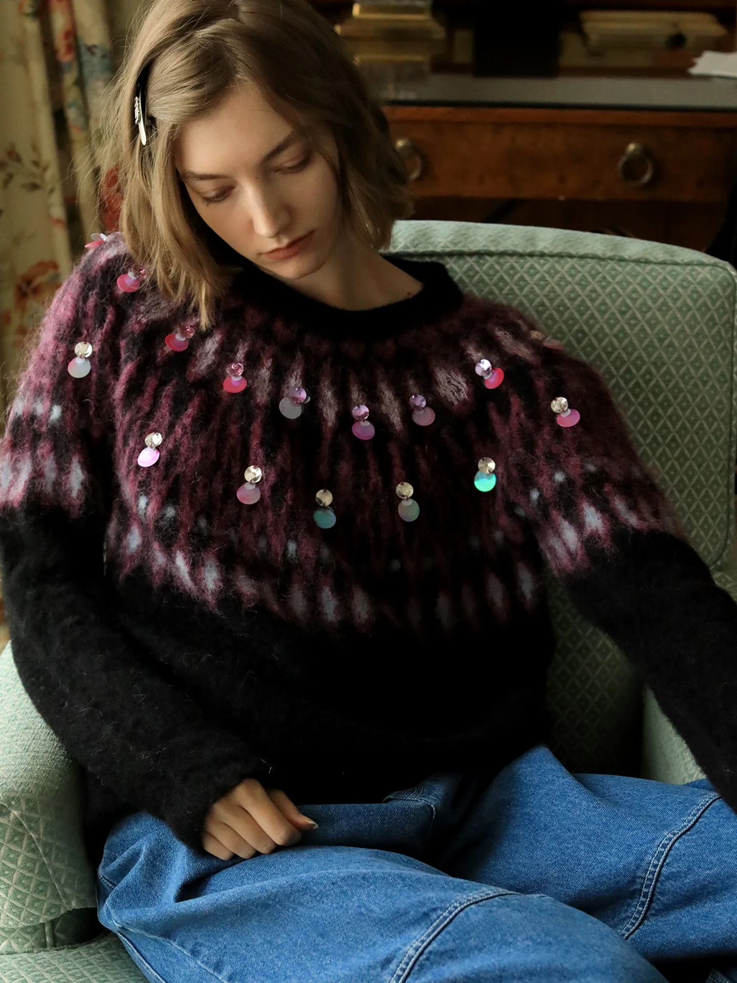 

Raynag Women's iny Sequin Alpaca Wool Sweater Commute Versatile Top Thi Long Sve Winter Faion Ladies Knitwear