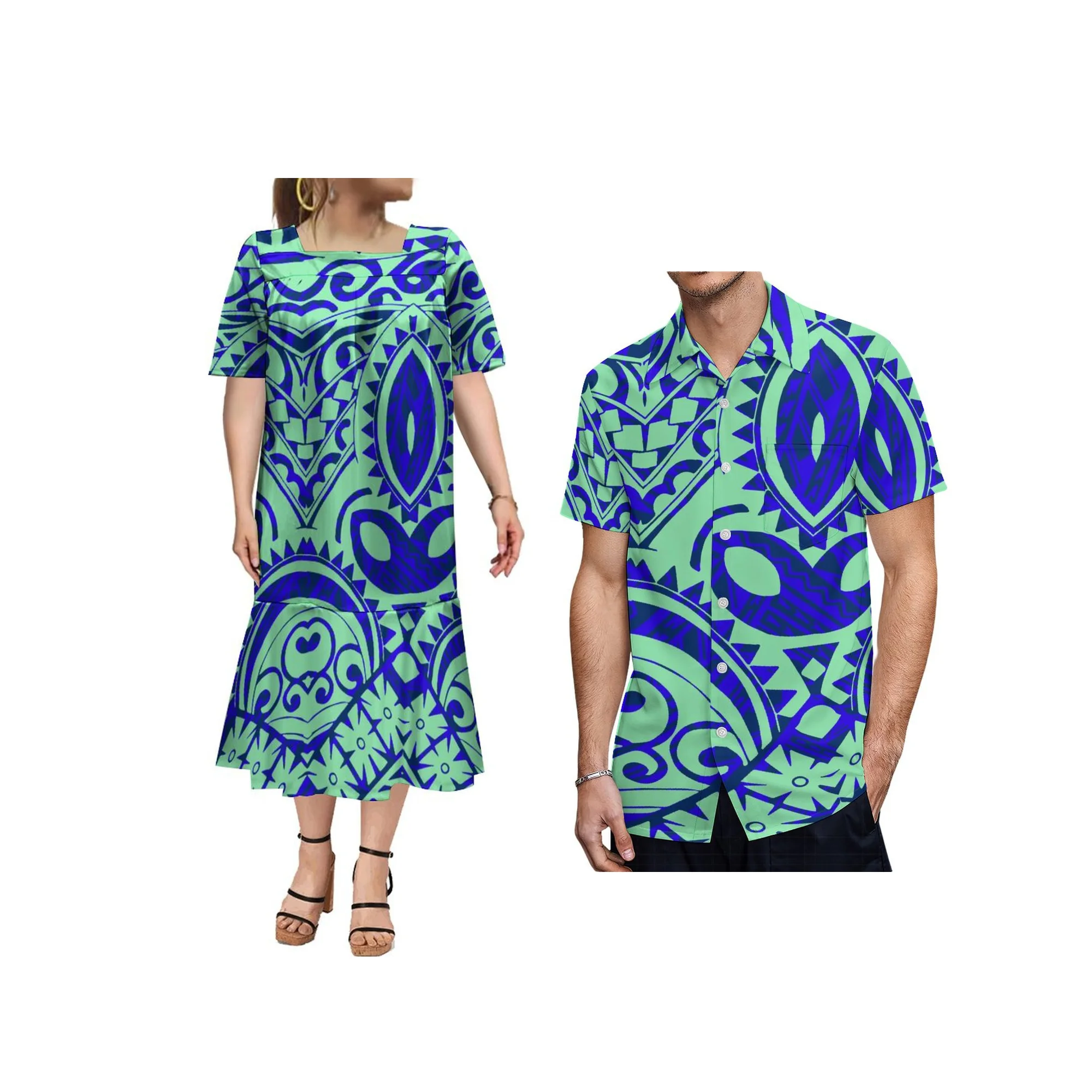 Camisa de ocio de verano, ropa exclusiva para parejas, vestido de mujer, conjunto de pareja, vestido largo polinesio personalizado Mumu