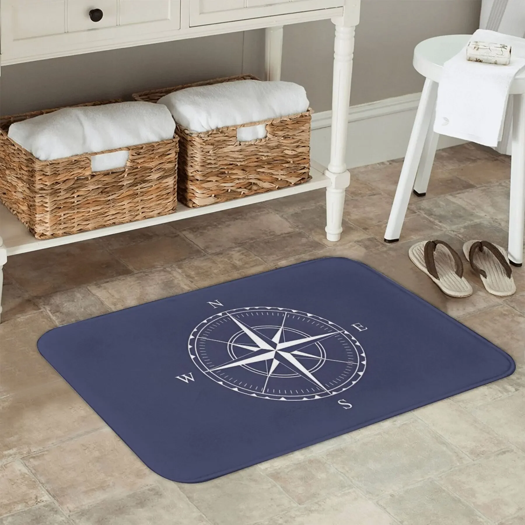 1 Navy and White Nautical Compass Rose Non-Slip Bath Mat - Stylish Kitchen, Living Room or Entryway Mat with Ship Wheel Design