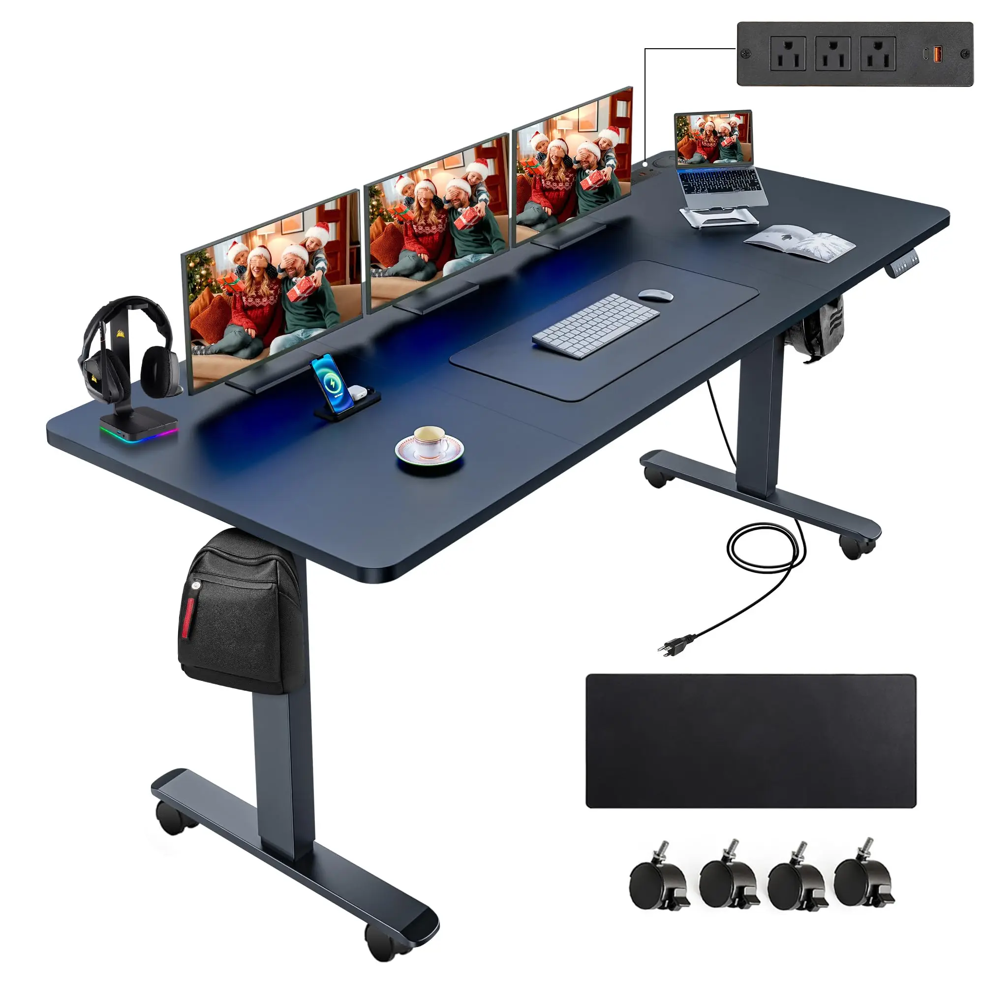 Electric Standing Desk 71 x 28in with Power Outlets, Rolling Stand up Desk with Large Mouse Pad, 3 USB Ports & 3 Power