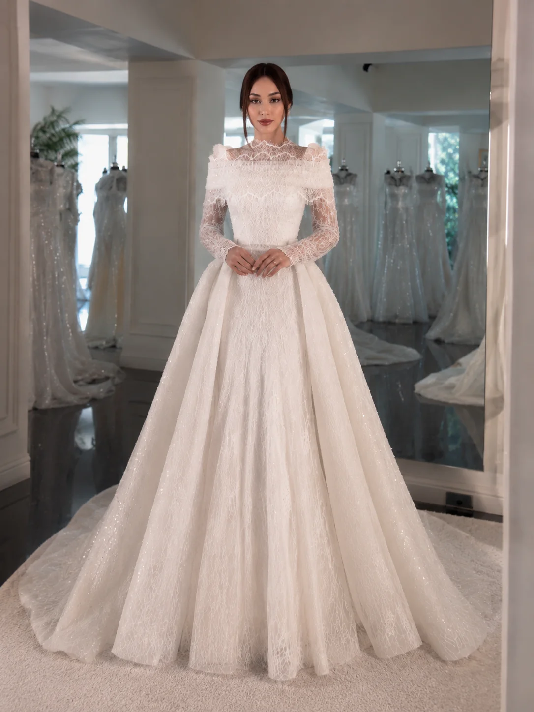 LumiGown High Neck Off The Shoulder Ballgown Wedding Dress Long Lace Sleeves Glitter Tulle Detachable Overskirt Custom Color
