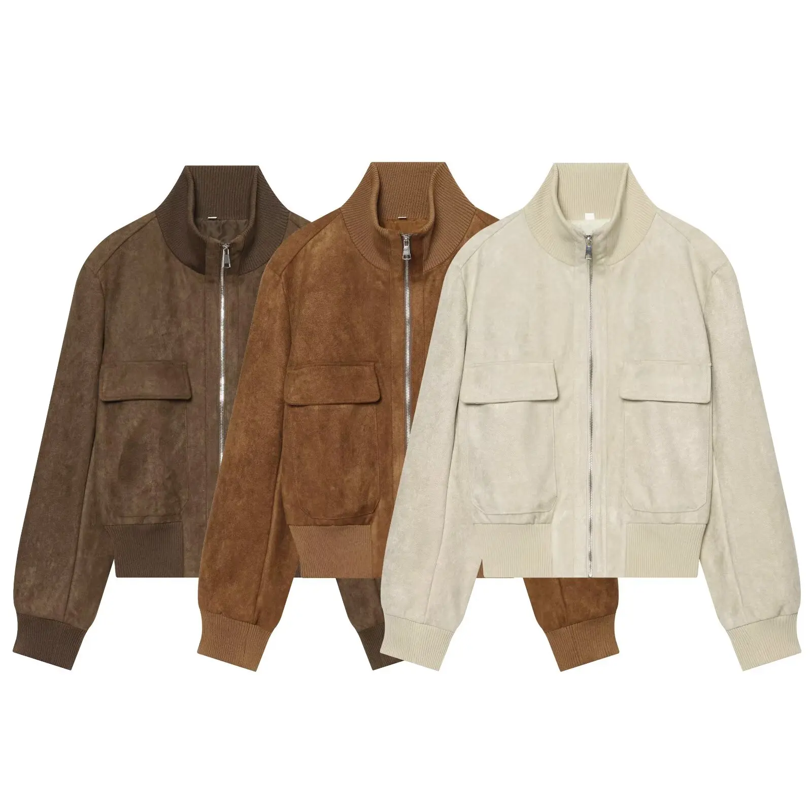 Guobioziy Women's Jacket 2026 Fall/Winter New Arrival Fashion Retro Ribbed Stand Collar Suede Texture Pocket Detail Pilot Jacket