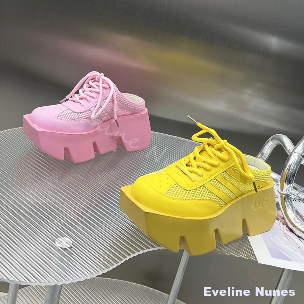 2026 New Style Breathable Mesh Hollow Sandals Women Round Toe Platform Cross Tied Slip On Slippers Fashion Pink Casual Shoes