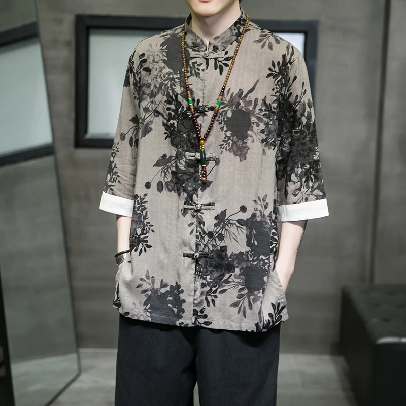 

Men's Short Sleeve Shirt Summer Fashion Urban Loose Fit Printed Chinese Style Five-Quarter Sleeve Hanfu Jacket Casual Top