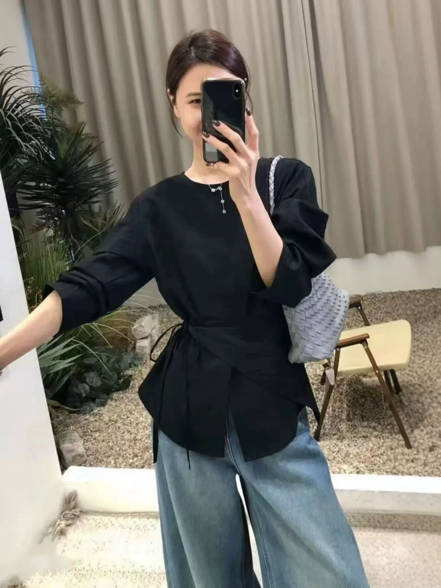 

Comfortable Faionable High-End irt Ele Design Korean Sle Straight Cut Long Sve round Ne Top for Early Autumn