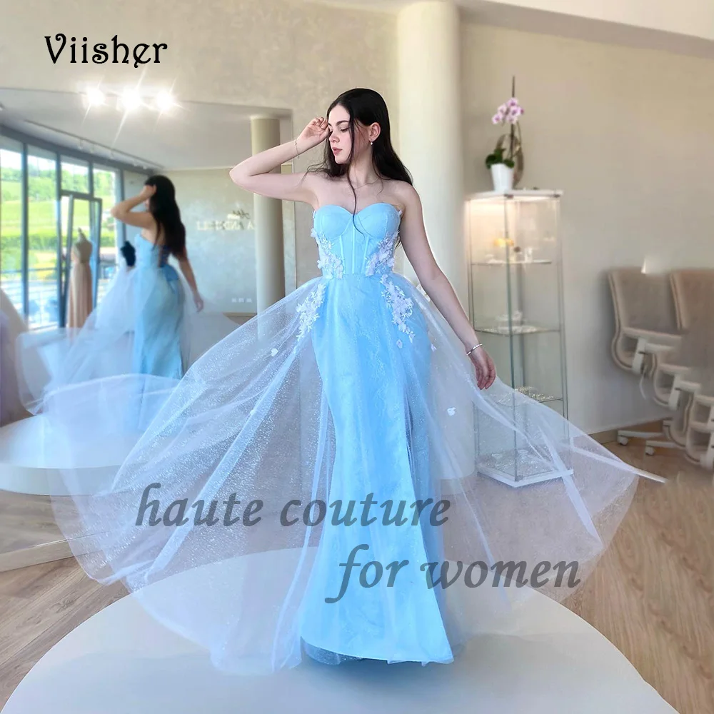 

Viisher Blue Mermaid Prom Dresses Lace Appliques Sweetheart Formal Party Dress with Train Fairy Evening Gowns Floor Length