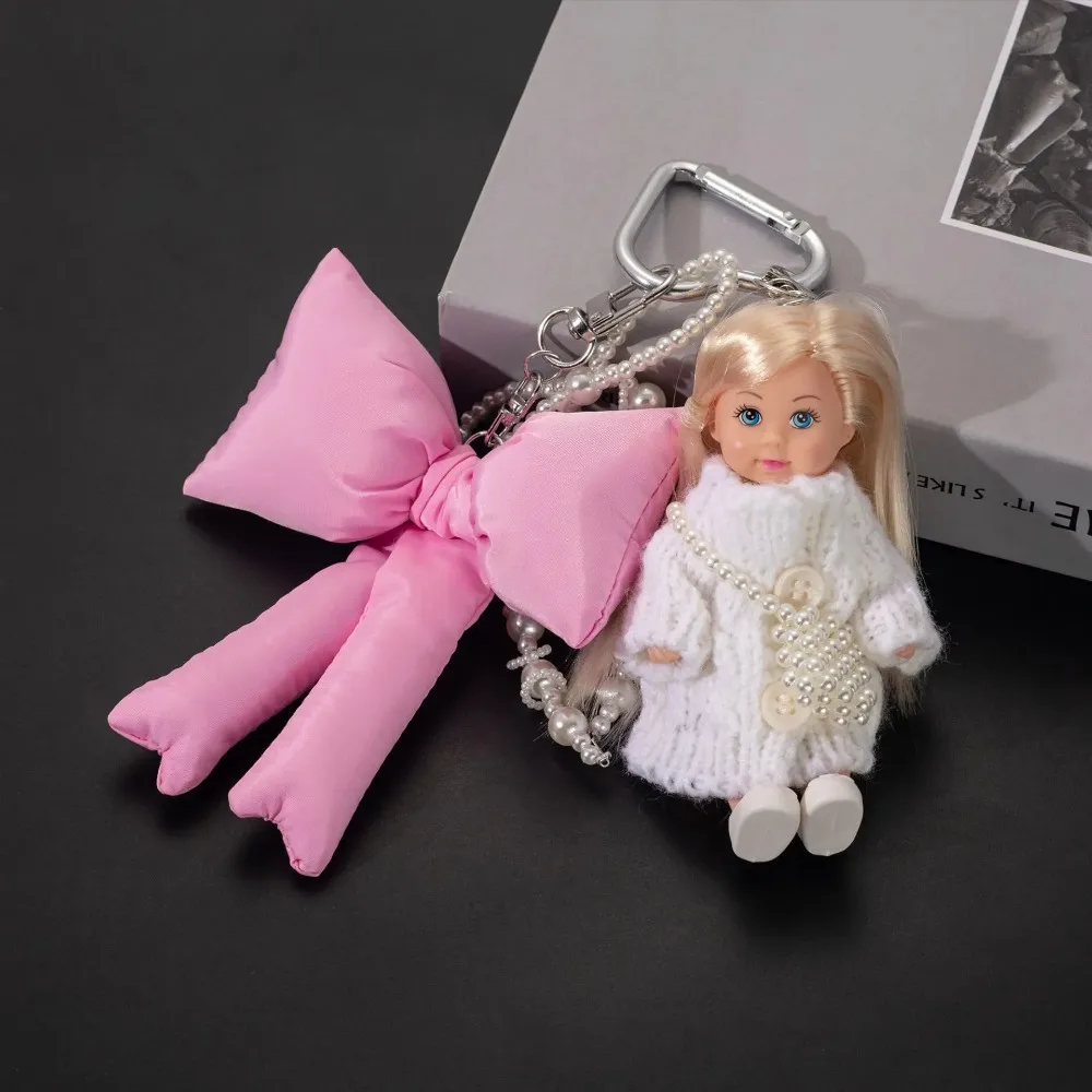 Bag Accessory Doll Style Keychain, Coquette White Knit Blonde Puffy Pink Bow Pearl Chain Charm, Handbag Backpack Decorative Gift