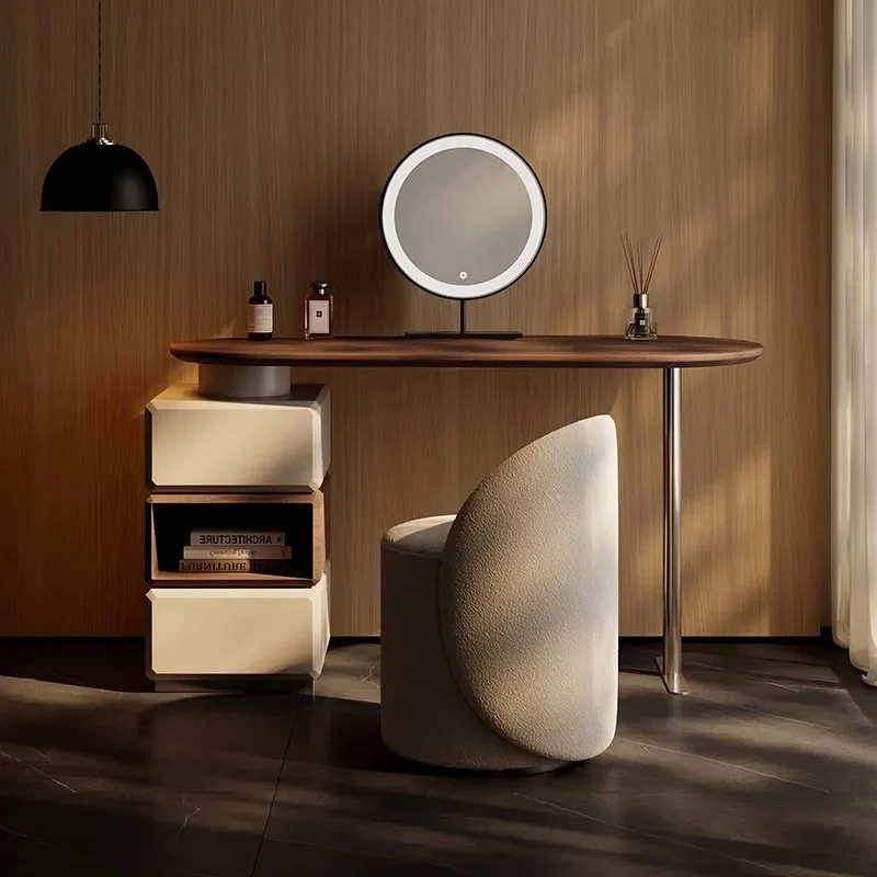 طاولة زينة مكياج فاخرة مضيئة مع خزائن مرآة لمكتب غرفة نوم البالغين مع مرآة خفيفة مع مقعد حديث