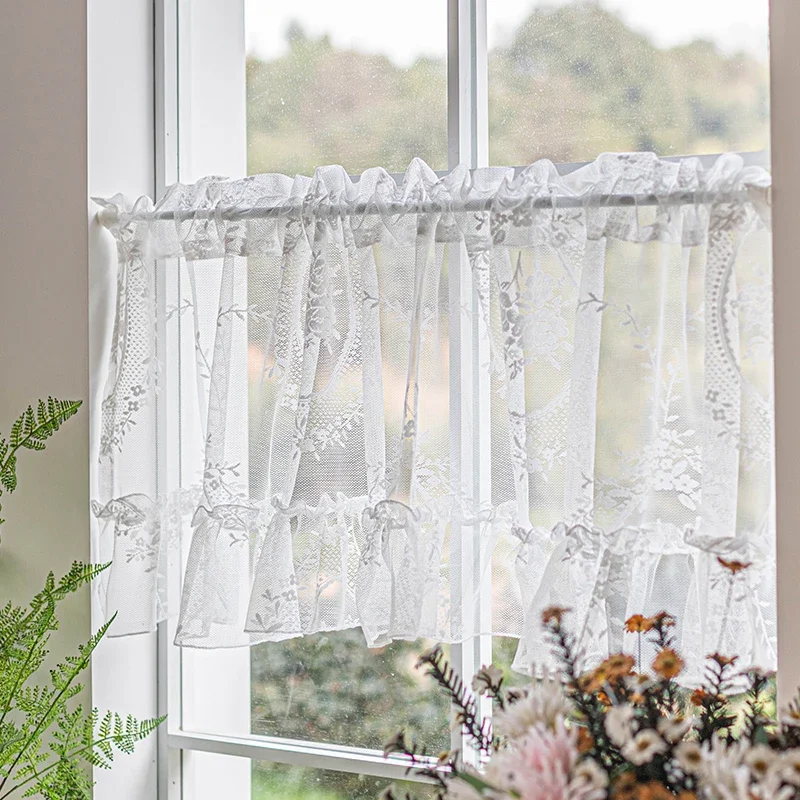 Cortina pequeña blanca para sala de estar, decoración romántica para armario de cocina, tratamiento de ventana corta, cortinas para puerta, cafetería, gasa transparente, 1 unidad