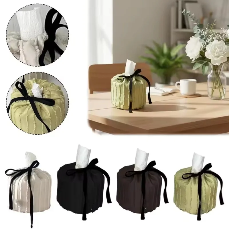 

Fashion Solid Color Adjustable Fabric Ribbon Drawstring Tissue Bag Practical Paper Towel Holder Tissue Box Home Decor For 2026