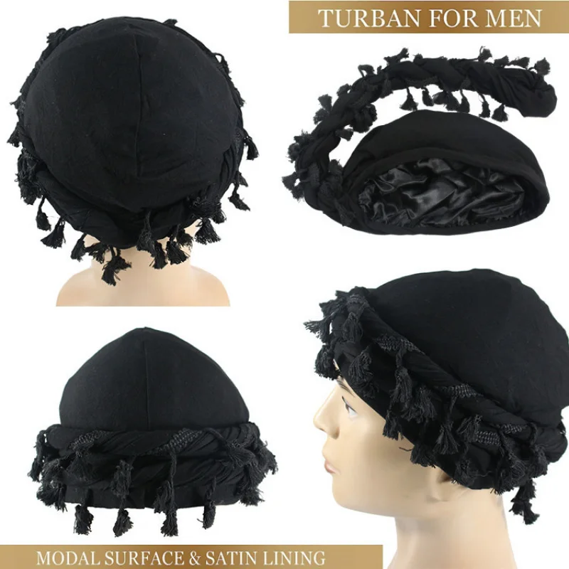 

Men's Hip Hop Personality Turban Hats High Quality Satin Lining Twist End Head Scarf Solid Color Fashion Silk Satin Man Durag