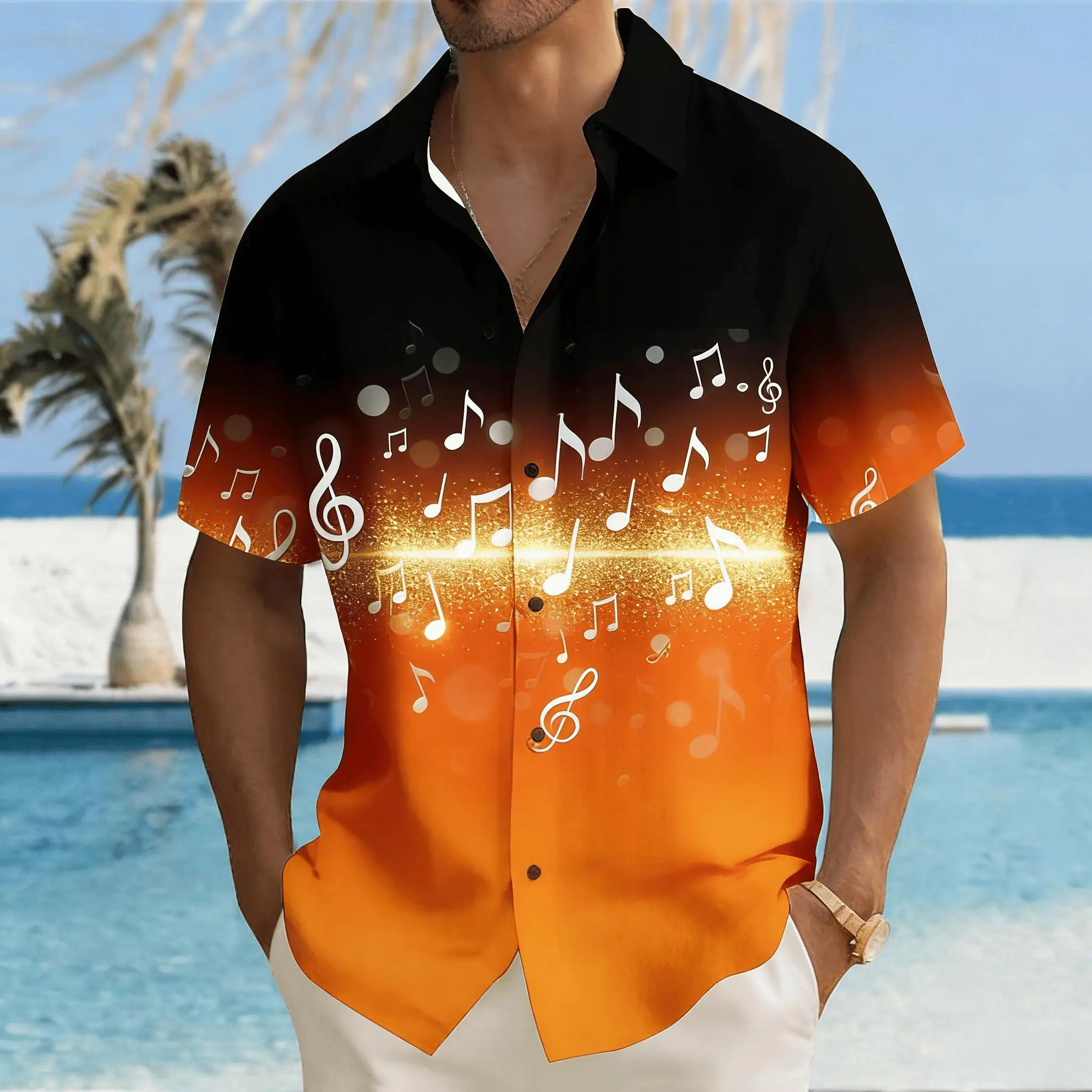 Herrenhemd mit Musiknoten- und Violinschlüssel-Print, Kurzarm, Farbverlauf-Design, Knopfleiste für Frühling und Sommer, Casual-Stil