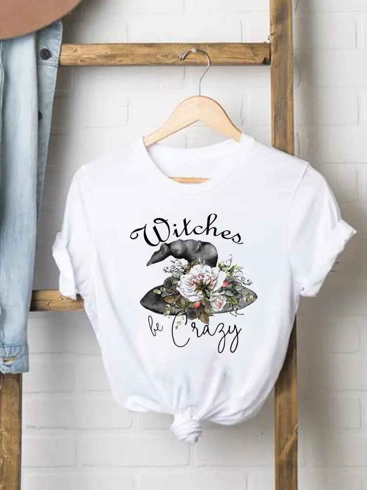 

Tee Clothes Halloween Thanksgiving Fall Autumn Style T Ladies Flower Floral Hat Witch Clothing Women Graphic Print T-shirts