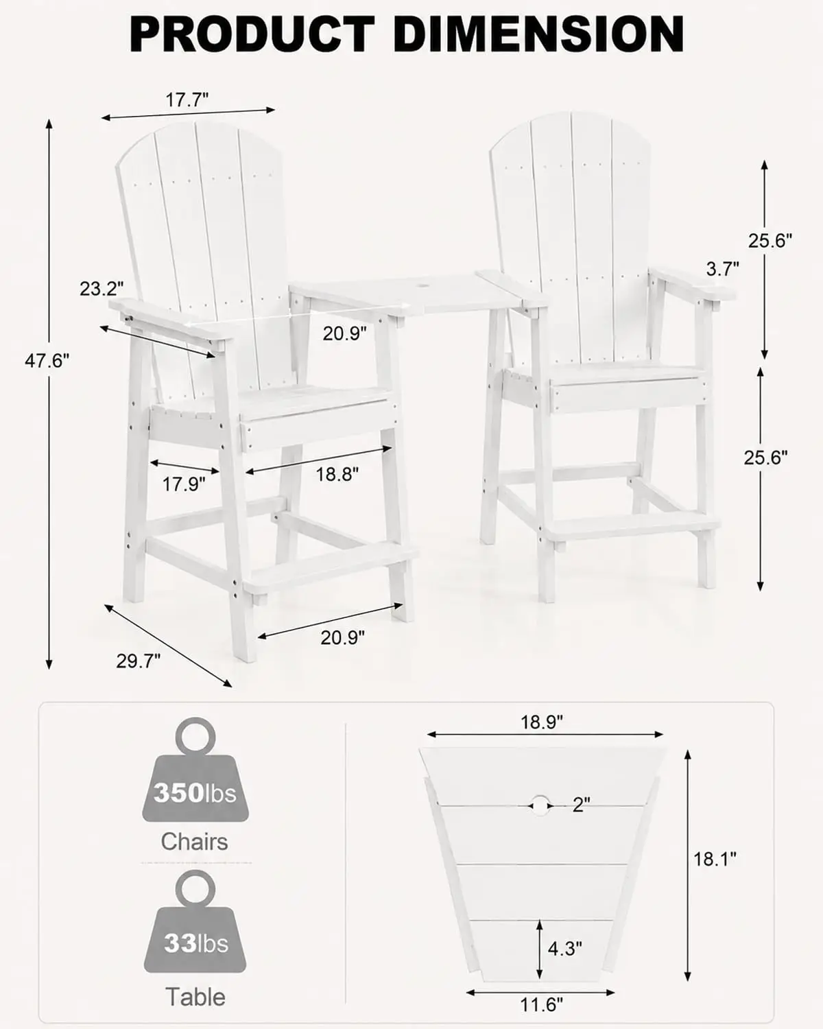 Tall Adirondack Bar Height Patio Chairs Set of 2, HDPE All-Weather Outdoor Furniture, White, Customized