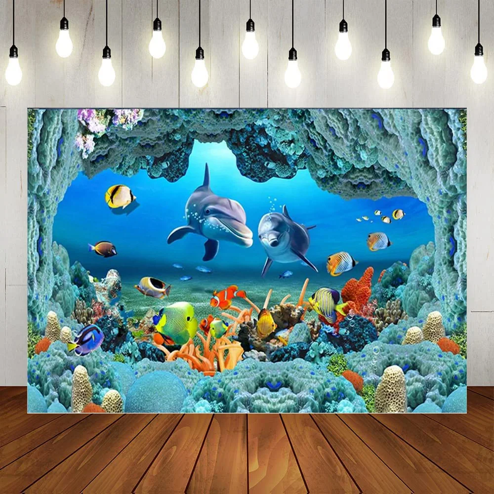 

Underwater World Photography Aquarium Coral Fish Under Sea Cave Dolphin Photo Backdrops Happy Birthday Party Ocean Theme Props