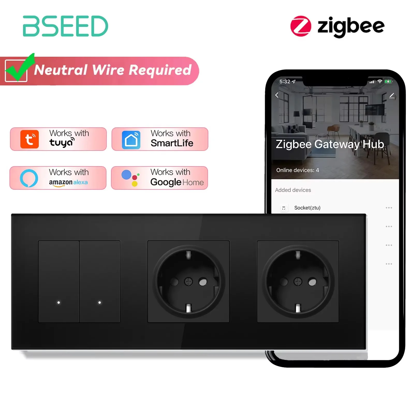 BSEED Zigbee 1/2/3Gang Smart Click Lichtschalter 1/2/3Way Tuya Smart Life Alexa kompatibel plus EU-Steckdosen Glasplatten 6