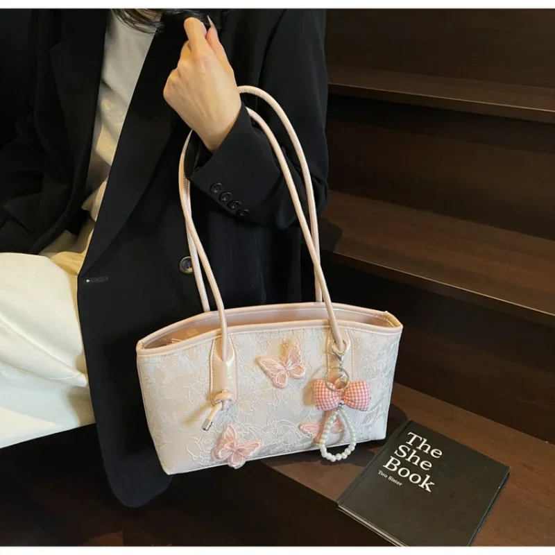 

Сплошные цветные сумки на плечо, новинка 2025 года, швейные нитки из искусственной кожи с украшением в виде бабочки, универсальные сумки высокого качества для женщин, поездок на работу