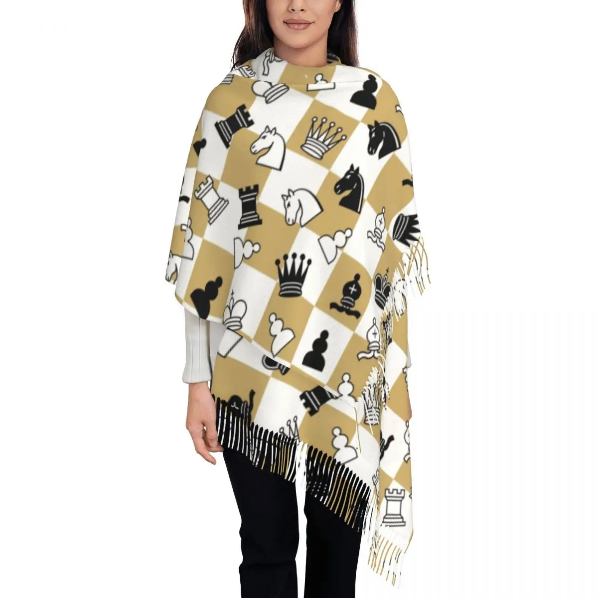 Fashion Chess Game Tassel Scarf Women Winter Warm Shawl Wrap Ladies Chessboard Board Game Scarves