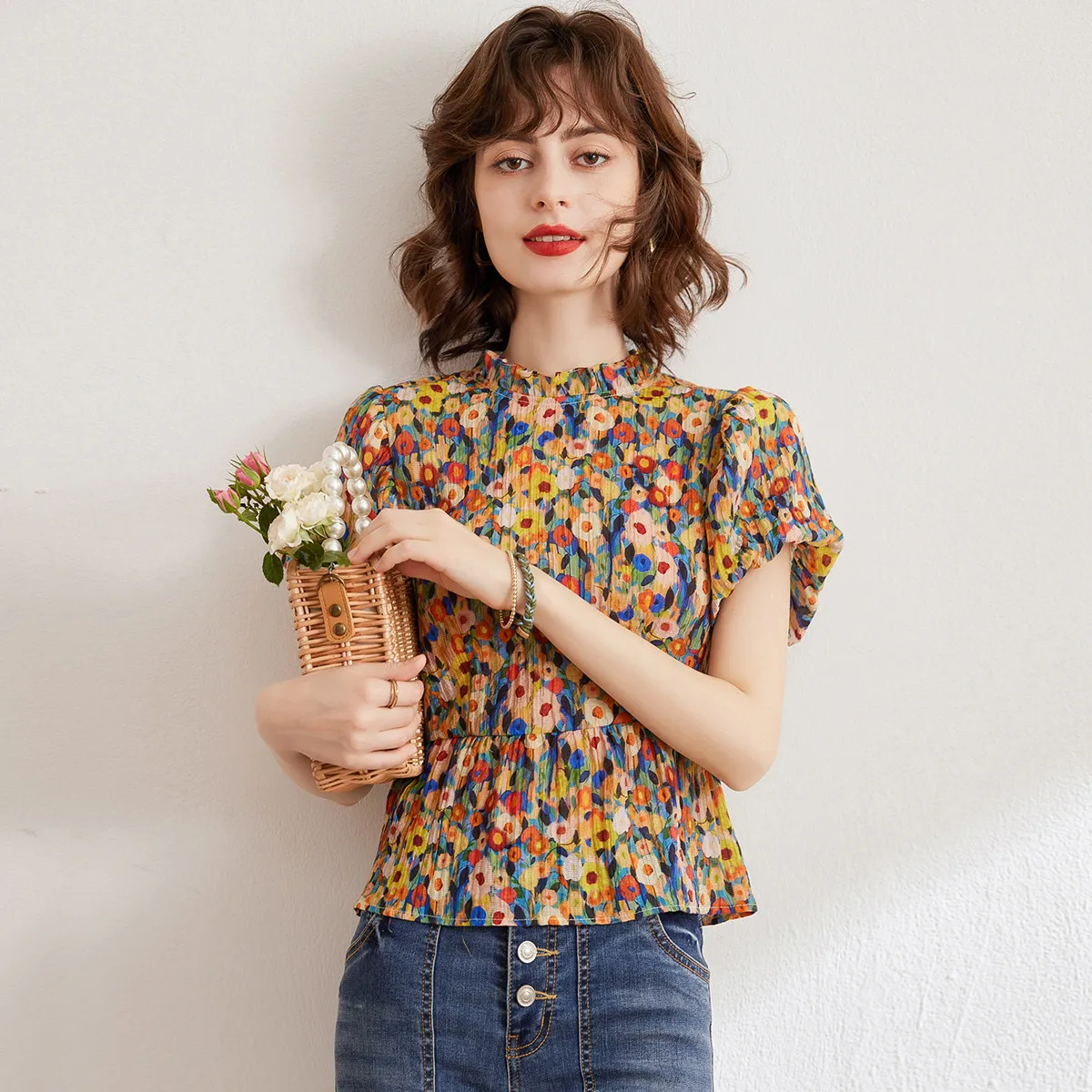 LOUIS YAO Floral Shirt 2024 Summer French Style O Neck Short Sleeve Elegant Blouses Pullover Top