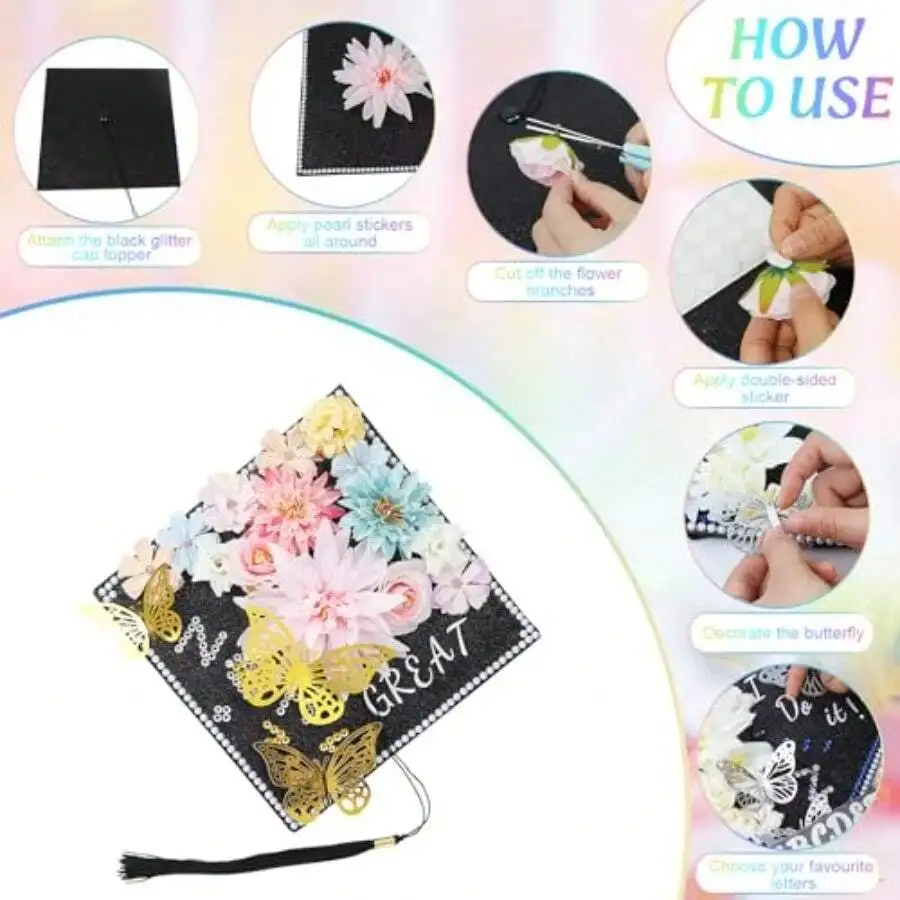 

DIY Graduation Cap Topper Kit With Faux Flowers 3D Butterflies Rhinestones Letter Stickers Glitter Paper