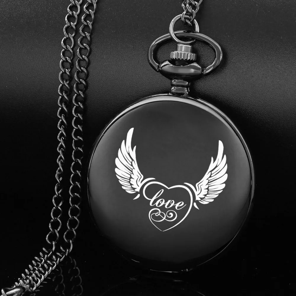 

The love wings romantic style design carving english alphabet face pocket watch a chain Black quartz watch perfect gift