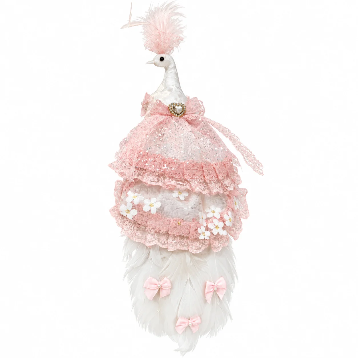 1PCS Pink White Peacock Ornament Artificial Feather Simulation Bird Christmas Tree Decoration Lace Flower Peacock Figurine Weddi