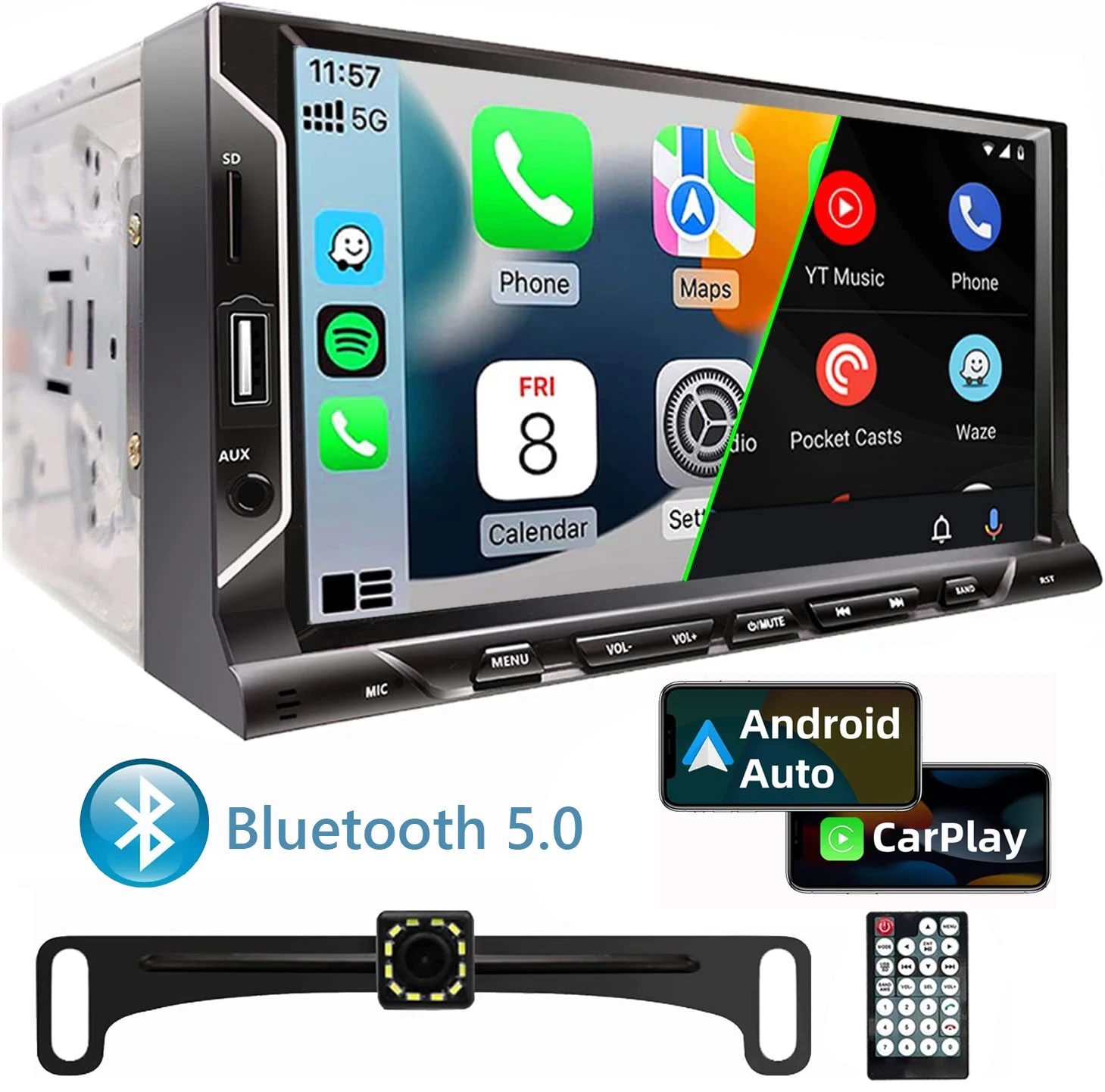 7“ HD Touch Screen Car Radio Universal 2 Din Carplay Android Auto Multimedia Video Player FM AUX Input Bluetooth Mirror Link