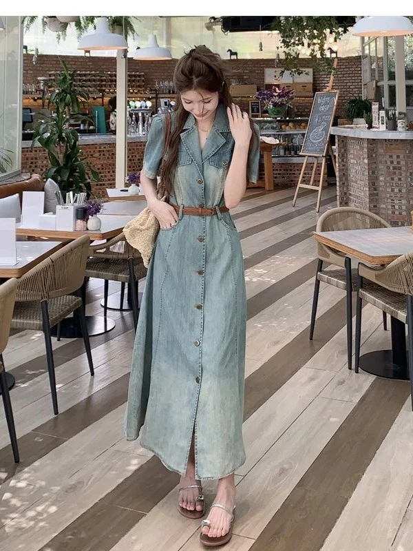 

Женская джинсовая юбка больших размеров в американском ретро-стиле, приталенная, с поясом, с высокой талией, А-силуэт, летняя новинка