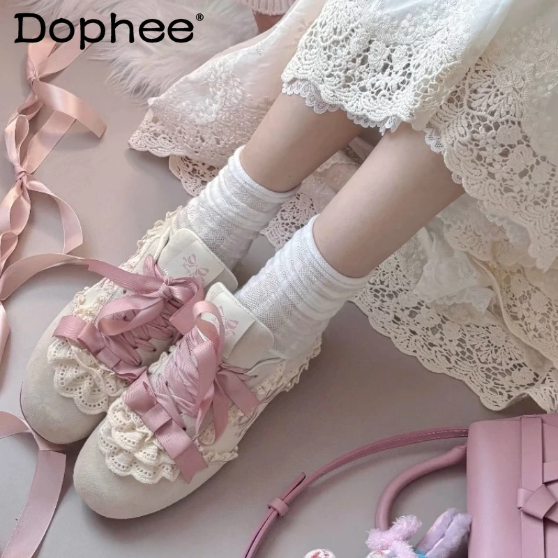 

Ballet Style Lace-up Satin Bow Lo Shoes Spring and Autumn New Girl's Woman's Sweet Versatile Sneakers Y2k Sports Training Shoes
