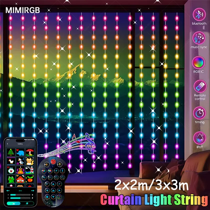 ไฟม่าน RGB อัจฉริยะ สายไฟ LED แบบเสียบ USB พร้อมรีโมทคอนโทรล ควบคุมผ่านแอพและบลูทูธ สำหรับตกแต่งห้อง