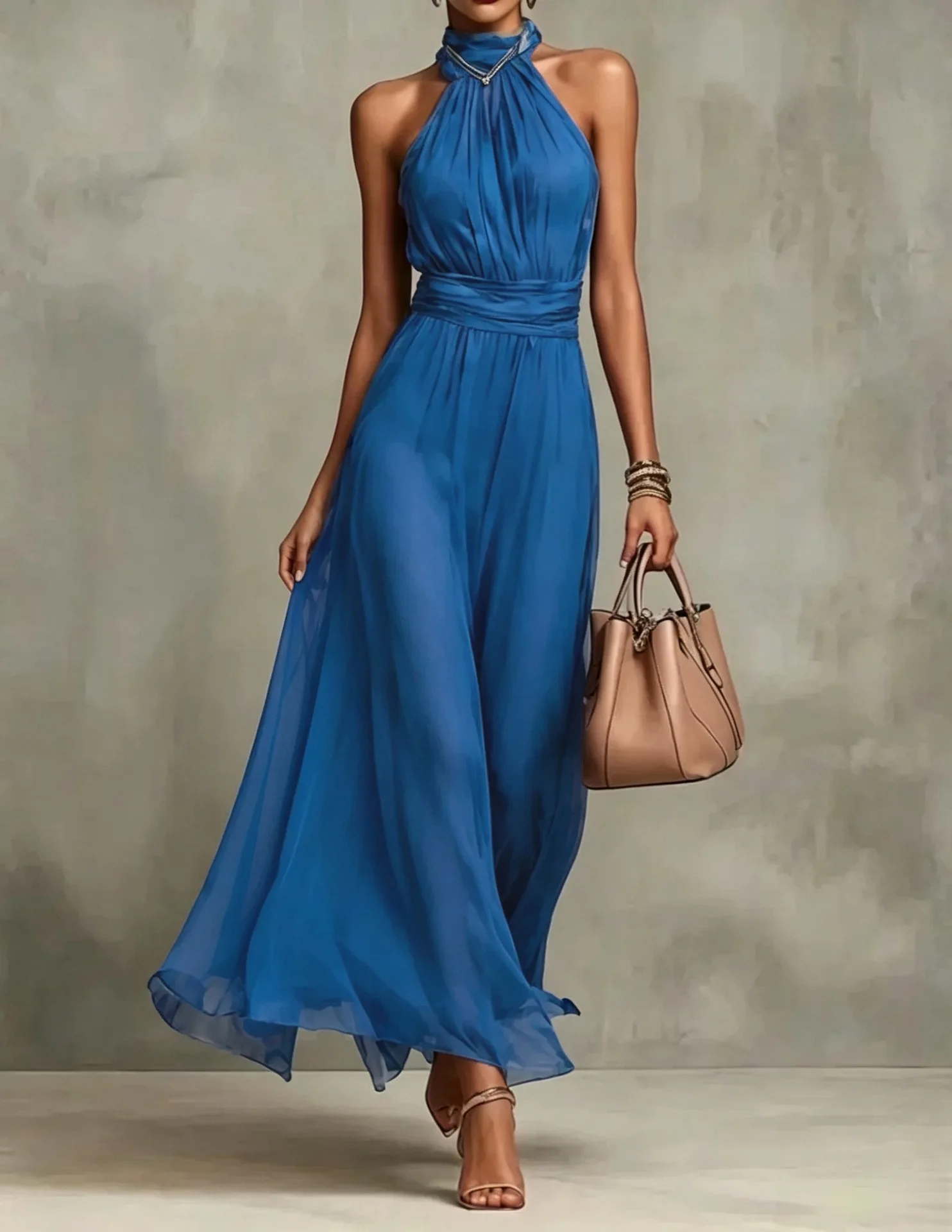 Vintage Maxikleid aus Chiffon mit Neckholder, ärmellos, rückenfrei, hoher Taille, Schlitz, fließend, mit floralem Aquarellmuster für Abend und Hochzeit – Detail 15