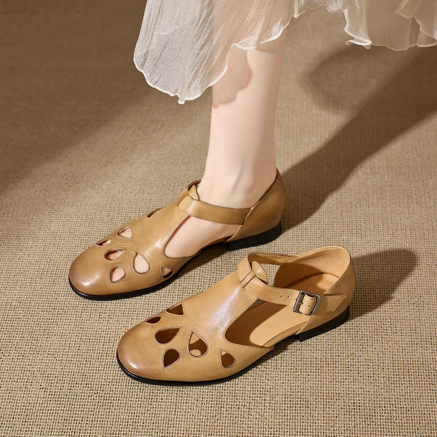 

Genuine Leather Cowhide Women's Sandals,Round Toe Hollow out Breathable Women's Shoes,Summer Gladiator Shoes