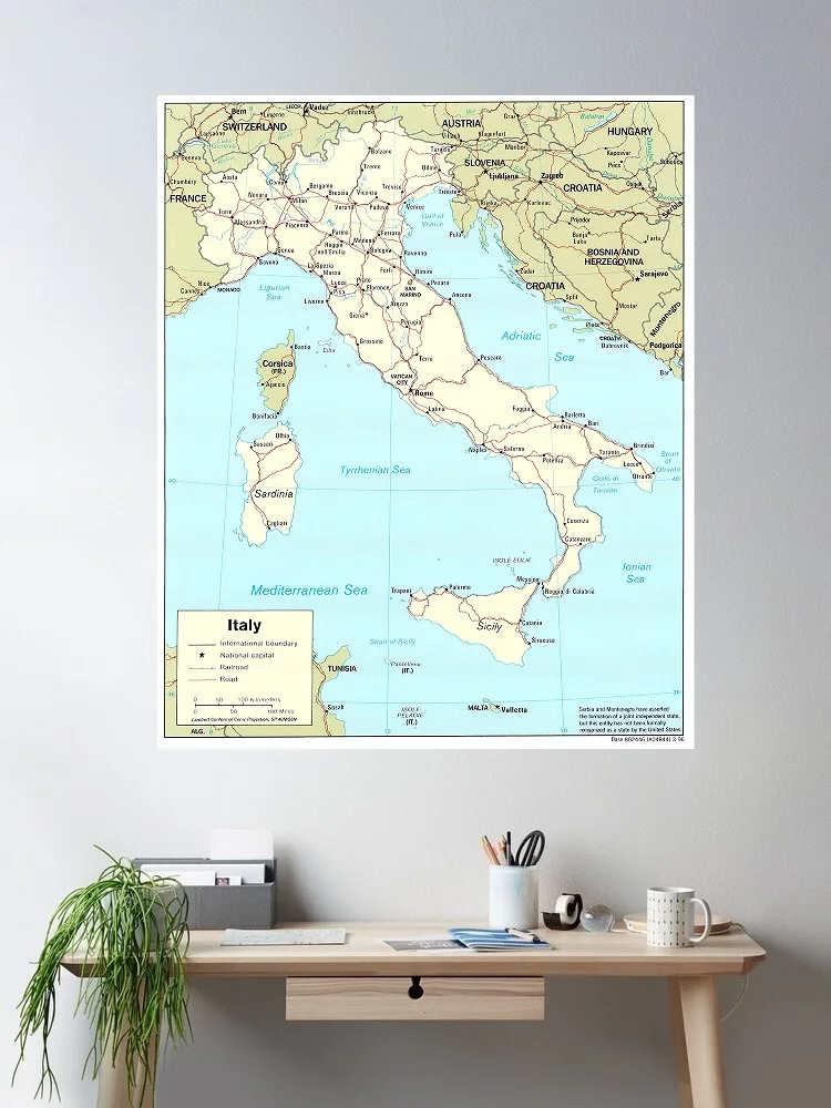 Italy Physical Geography Physiographic Map Country Nation, Art Print Canvas Poster, Living Room Decor, Home Wall Picture