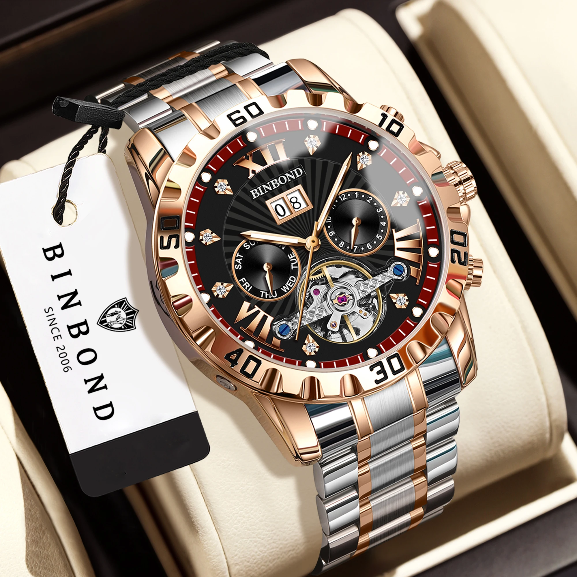 BINBOND Orginal Luminous Waterproof Men's Watch Auto Date Reloj Automatic Tourbillon Mechanical Wristwatches For Men Luxury view 2