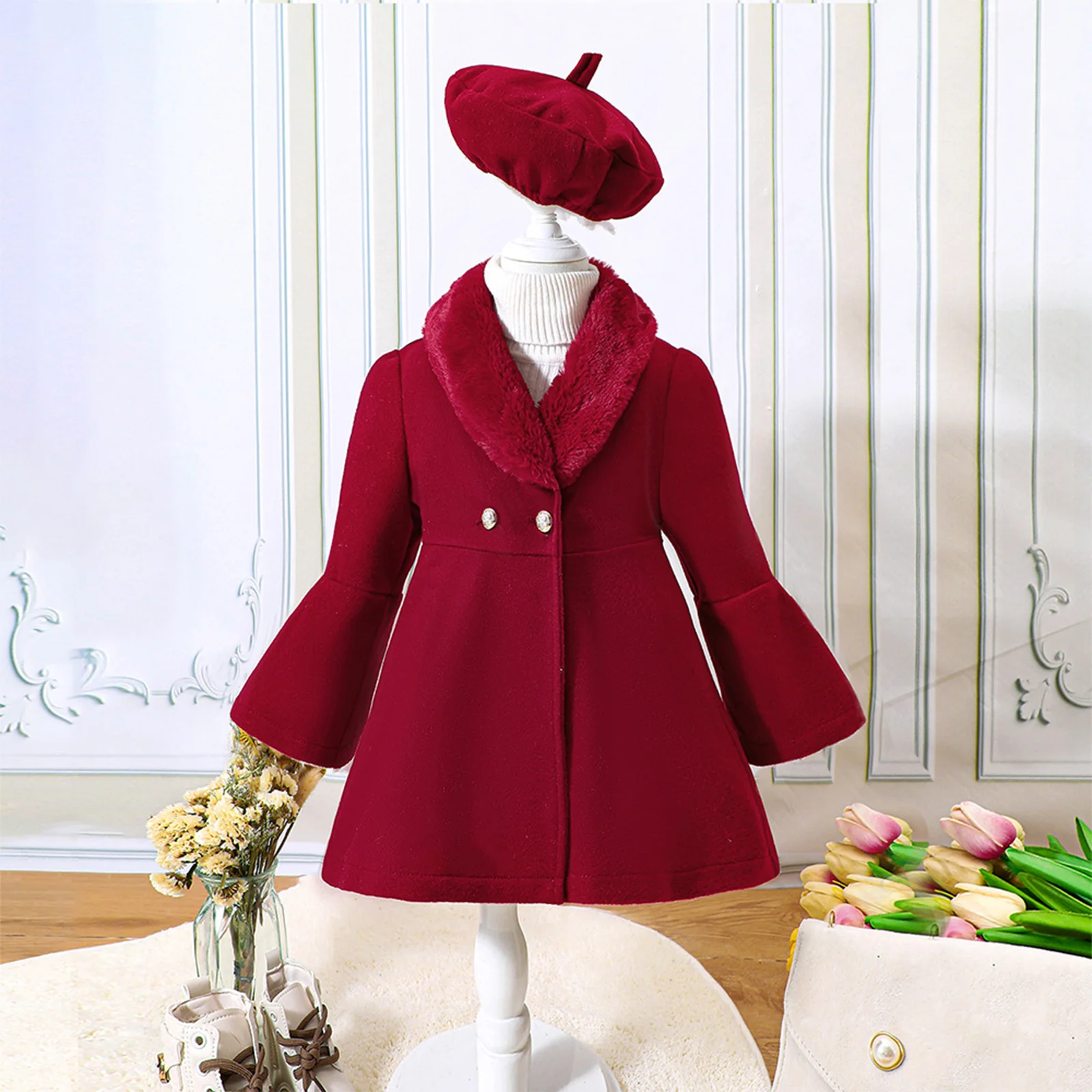 Kids Girls Winter Warm Woolen Blend Overcoat Furry Collar Long Flare Sleeve Coat Wedding Birthday Party Outerwear with Beret Hat