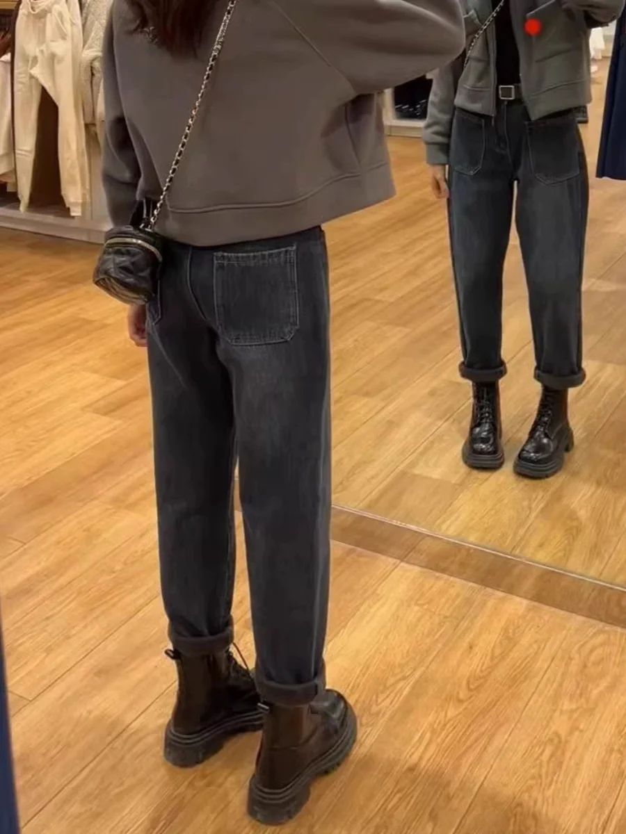 Fall Fce Gevoerde Dad Jeans Dames Afslankende Hoge Taille Wortelbroek Katoen Stretch Denim Anti-Rimpel Thi Winterjeans