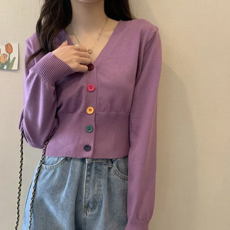 Autumn and Winter Little Fresh Colorful Buttons Younger Slim-Fit Slimming V-Collar Cardigan Long-Sleeved Sweater Top for Women