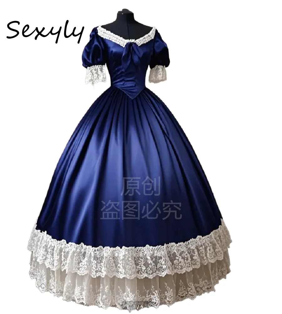 

Ретро темно-синее вечернее платье 1860-х годов с кружевом и коротким рукавом, атласное корсетное платье для выпускного вечера 2026 Костюм Ренессанс Вечерние платья