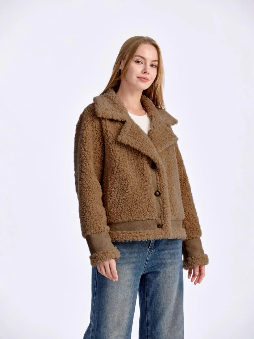 Women's Khaki Faux Shearling Jacket Notch Collar Button Front Ribbed Hem Cuff Long Sleeve Vegan Fur Coat Casual Date Winter